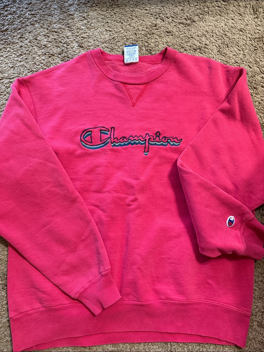 Vintage 90’s Champion Womens Large Pink-Red Crewneck Sweatshirt Champion Logo